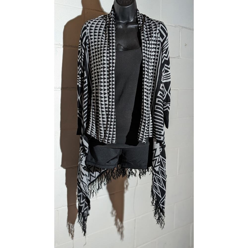 Live & Let Live Aztec Fringe Cardigan Drape Open Front Sweater 3/4 Sleeve Large